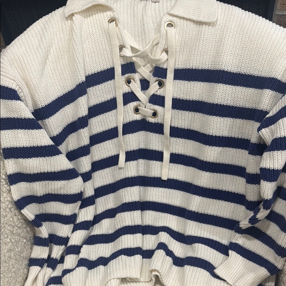 Striped Lace-Up Sweater - Navy and Creams size xl